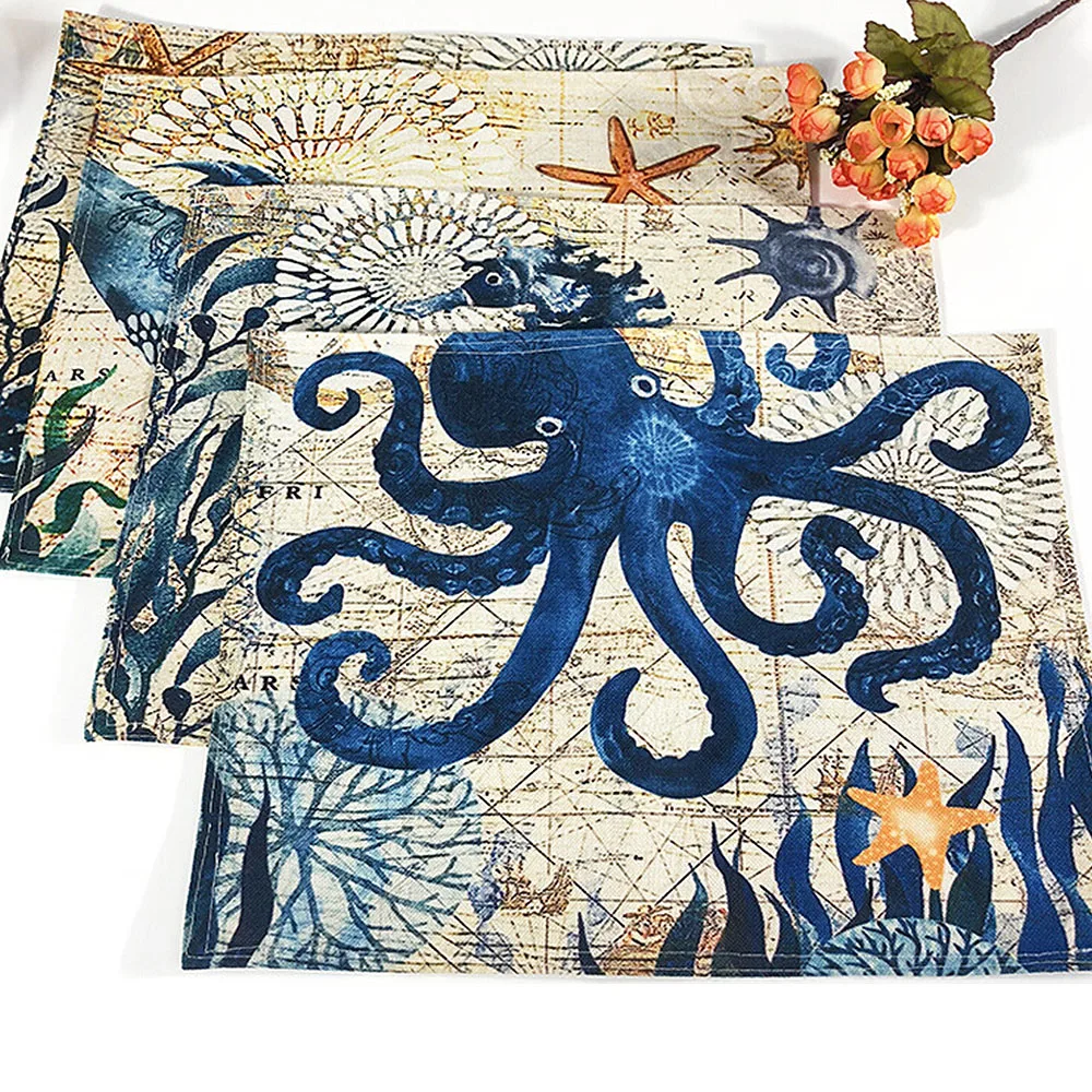 

Kitchen Table Mats Cotton Linen Table Napkin Marine Sea Turtle Octopus Pattern Decorative Placemats For Home Kitchen 30*40cm