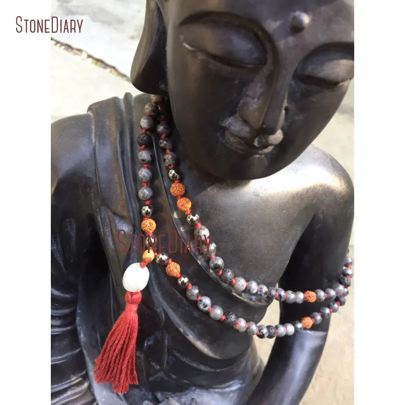 20180312-NM10922-Hand knotted Larvikite, Hematite & Rudraksha 108 Bead Mala lava stone aquamarine guru bead grounding protection meditation yoga mantra_1