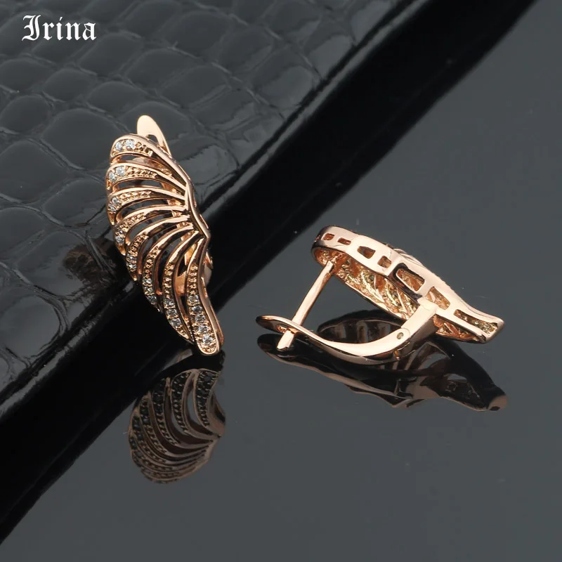 Irina бренд в форме крыла Винтаж кубического циркония 585 розовое золото из меди цвет моды висячие серьги для женщин