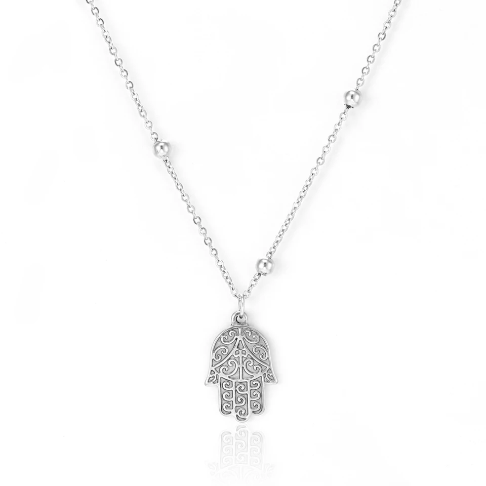 

Stainless Steel Silver Chain Hamsa Hand Pendant Necklace Love Heart Lucky Owl Animal Charm Necklace 2018 Female Bijoux Wholesale