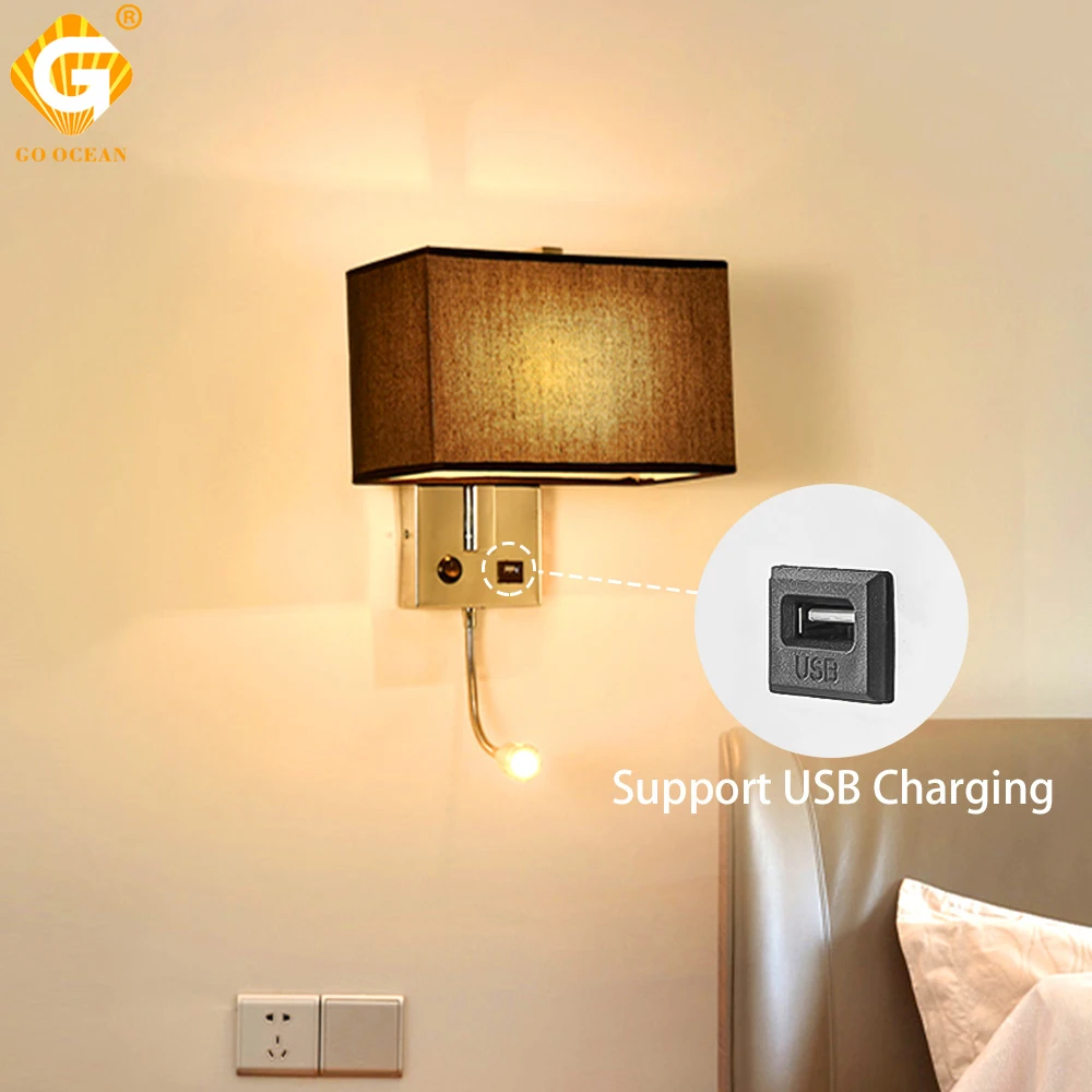 Bedside Wall Lamp Light with USB Charging,Living Room Bedroom Wall Lights Fabric Shade Wall Sconces for Home Hotel Corridor,Beige