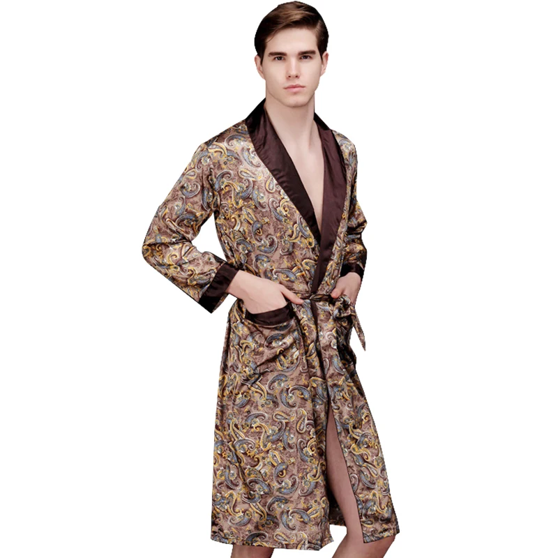 2015 new men's imitated silk brand luxury robes bathrobe spring summer