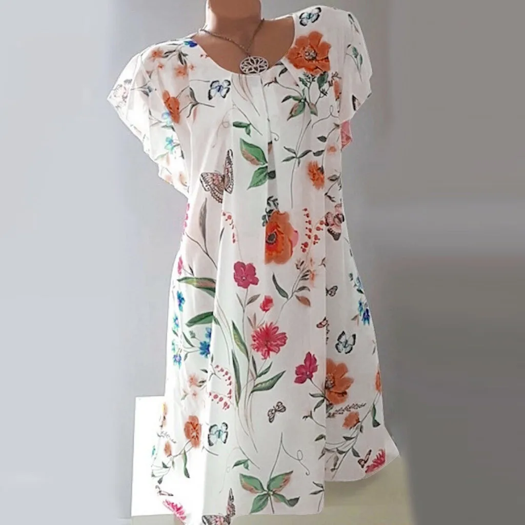 

JAYCOSIN Summer Fashion Women Casual Chiffon O-Neck Floral Printed Sleeveless Loose Mini Dress Plus Size vestidos dropshipping
