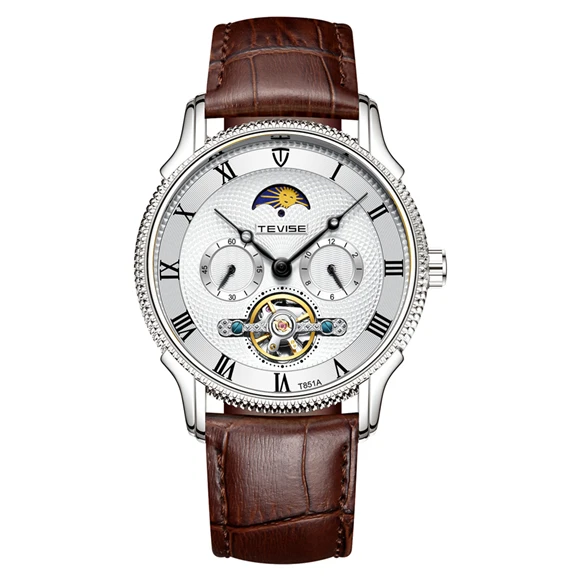 Tevise Waterproof Mechanical Watch Leather Strap Automatic Watches Men Luxury Brand Sport Tourbillon Mens Wrist Watches - Цвет: Silver White