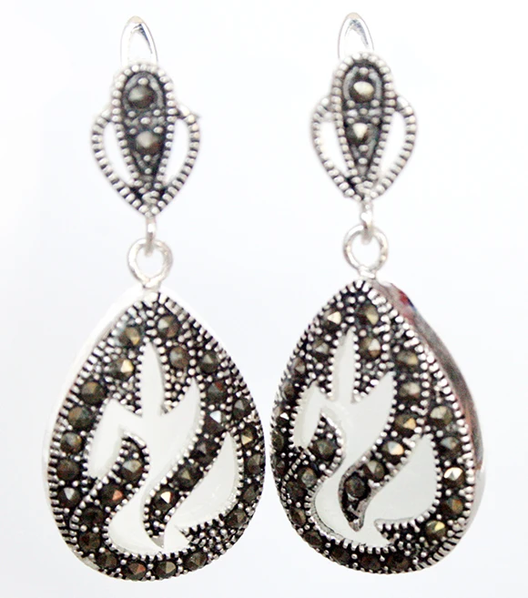 

Hot selling> 11/2" late trend 925 Silver & Marcasite inlay white opal Waterdrop Earrings -Bride jewelry free shipping