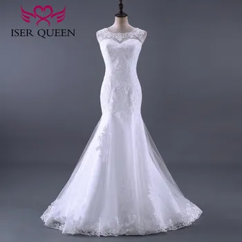 

Backless Lace Appliques White Mermaid Wedding Dresses 2020 Bride Dress Brazil Fashion Sleeveless Wedding Dress W0011