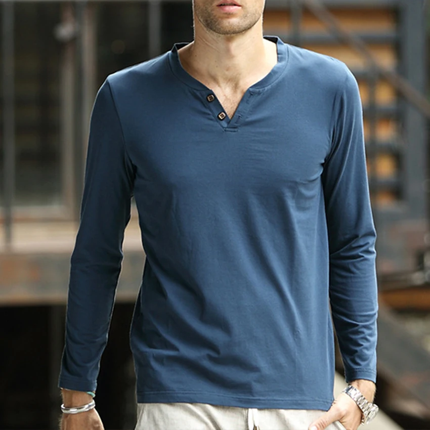 Мужская футболка с длинными рукавами, однотонная Повседневная мужская футболка с узким подолом, футболка для мужчин Henry футболка, топы