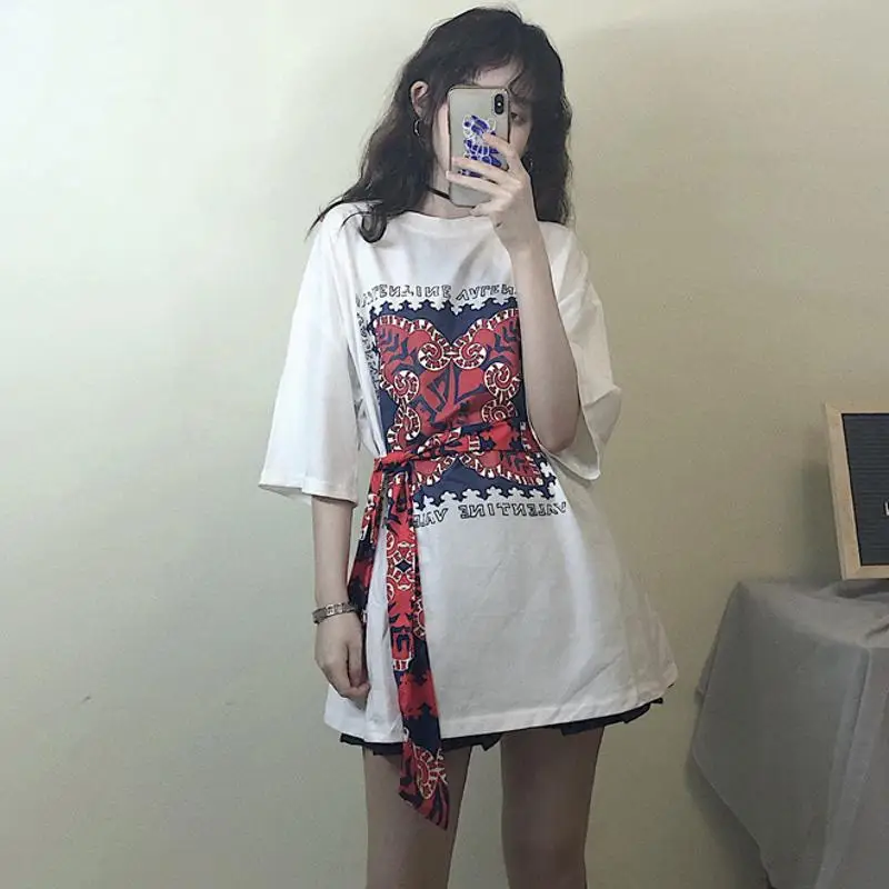 2019 الصيف تيز أزياء عارضة قصيرة الأكمام الطباعة س الرقبة فضفاض التباين اللون شخصية الراحة زائد حجم تي شيرت المرأة