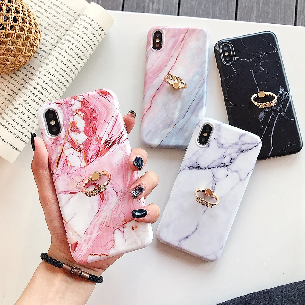Luxury Diamond Ring Vintage Marble Cases For iphone X XS Max XR 6 6S 7 8 Plus Soft IMD Stand Cover Cases