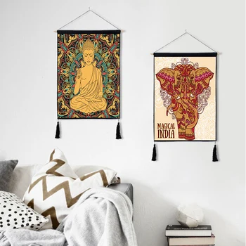 

Magical India Series Buddhist Elephant Printed Wall Hanging Tapestry Home Art Decor Cotton Linen Scroll Painting with Tassels