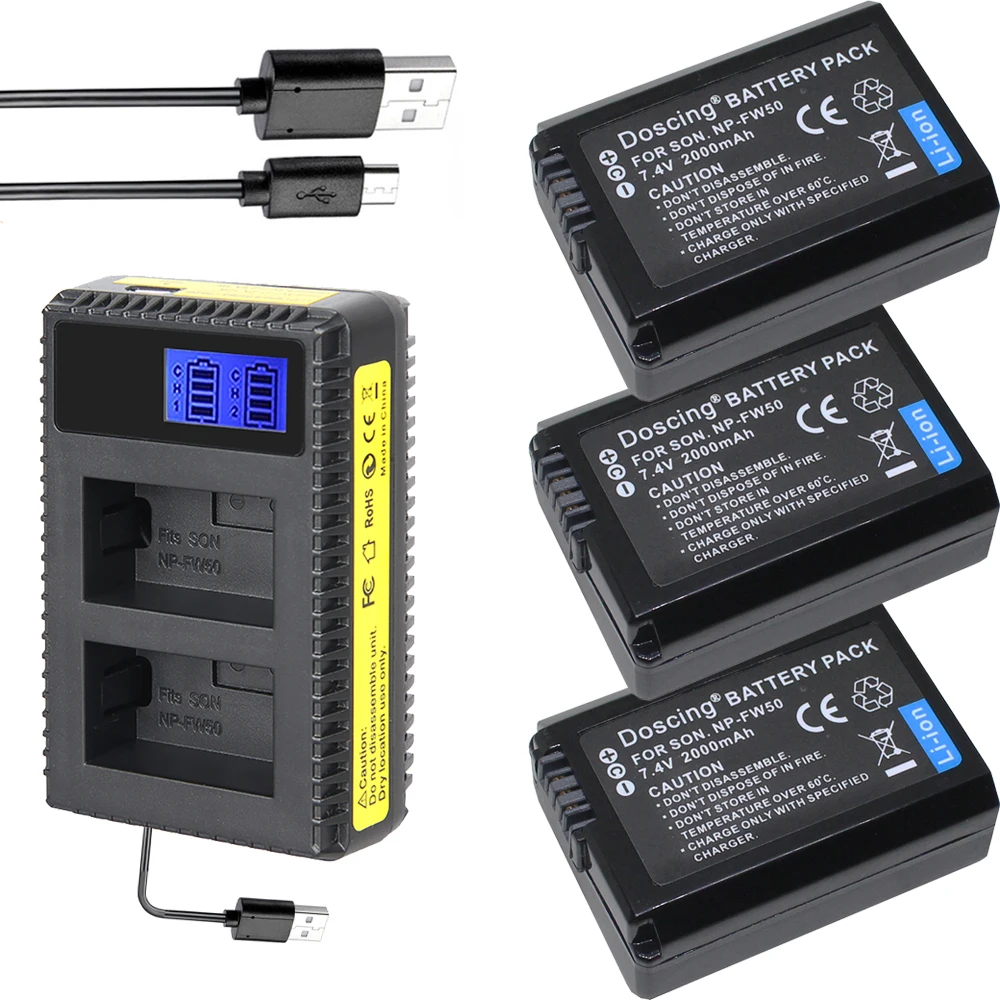 Doscing 3Pcs NP FW50 NP FW50 NPFW50 Battery Akku + LCD Dual Charger for Sony Alpha a6500 a6300
