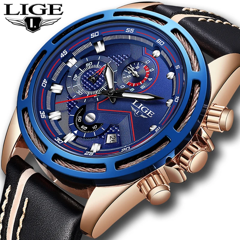 

2018 new LIGE top brand luxury military wear leather watch mens sports stainless steel waterproof quartz watch Relogio Masculino