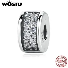 Настоящее серебро 925 пробы элегантная блестящая клипса Шарм с прозрачным CZ Подходит wst браслет подвеска; аутентичная бижутерия
