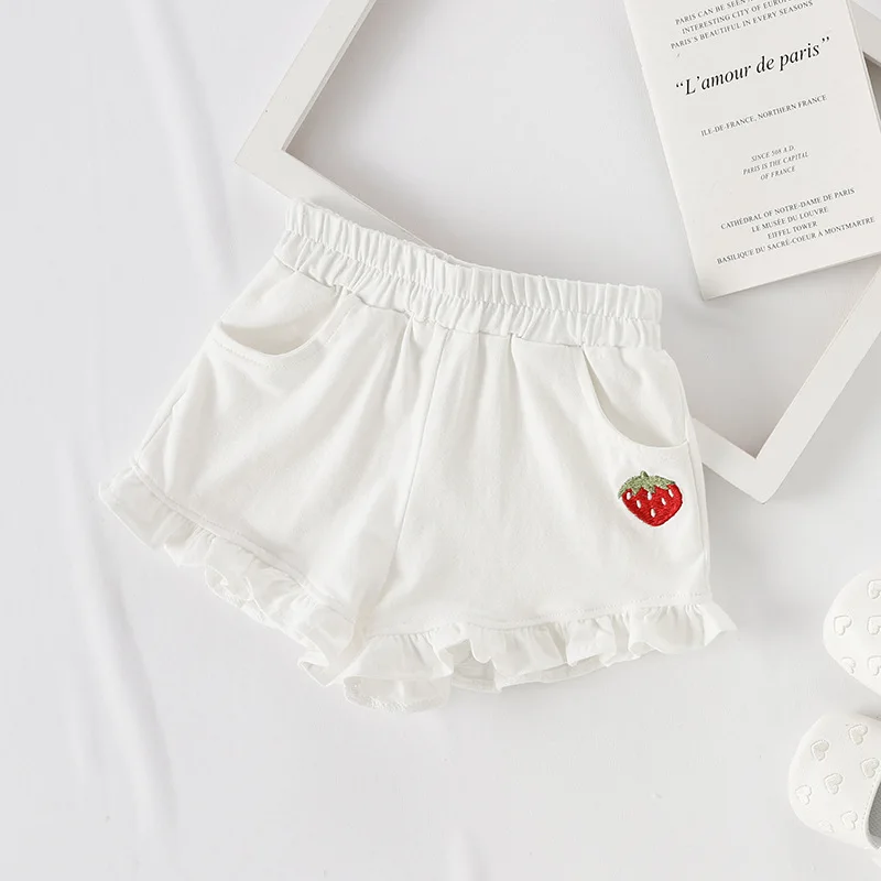 LarLarBoom/Новое поступление, шорты для девочек летние детские повседневные брюки с вышивкой клубники детские шорты - Цвет: Белый