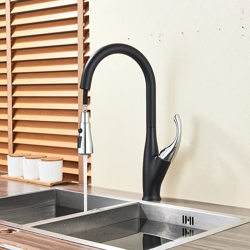 quyanre wanfan gappo black chrome kitchen faucet with pull out spray kitchen sink tap single handle mixer tap 360 rotation5