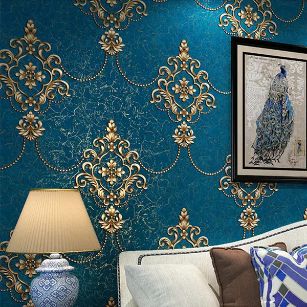 Европейский стиль Роскошная Дамасская настенная бумага рулон 3D тисненая Нетканая утолщенная бумага Настенный декор настенная бумага s для гостиной кровати - Цвет: Тёмно-синий
