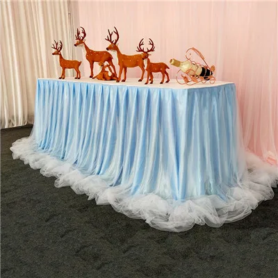 Organza tulle tutu chiffon baby shower birthday restaurant table skirt ice silk table skirting for wedding party banquet decor - Color: LIGHT BLUE