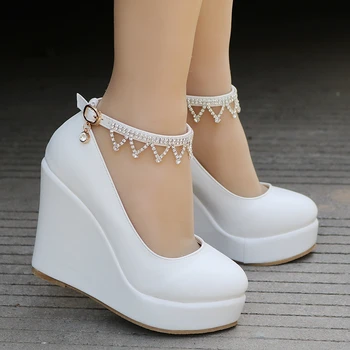 

Black White Wedges Pumps For Women Platform High Heels Round Toe Chain Leisure Fashion High Heels Shoes Platform Wedges Shoes