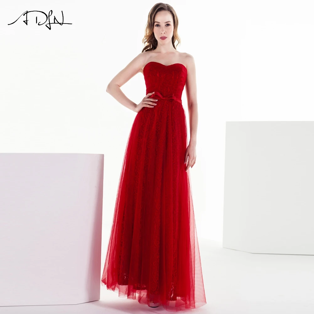 ADLN 2017 Cheap Lace Tulle Long Prom Dresses Red Sweetheart Formal Evening Party Dresses Off the Shoulder Vestido De Festa