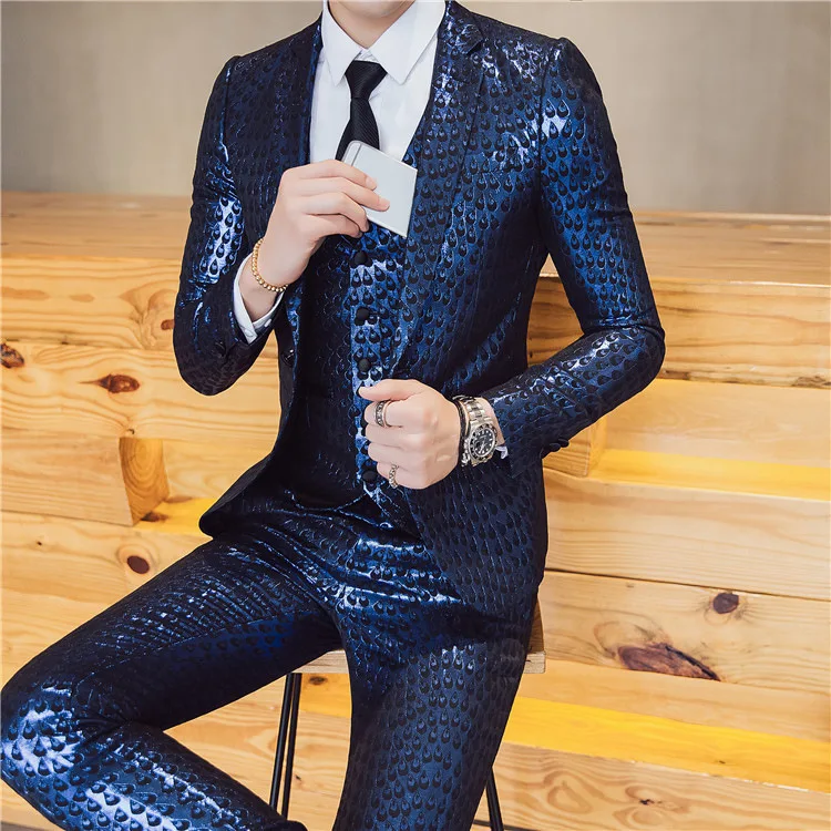

YUSHU Luxury Men Suit Business Casual 3 Piece Suits Slim Fit Party Wedding Stage Homme Costume Gold Blue Tuxedo Jacket