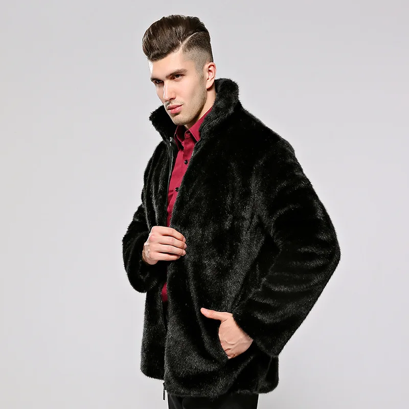European Fashion Mens Faux Fur Outwear Coats Business Casual Winter Warm Black Jackets Male Slim Fit Mink Fur Coat Plus Size 4XL