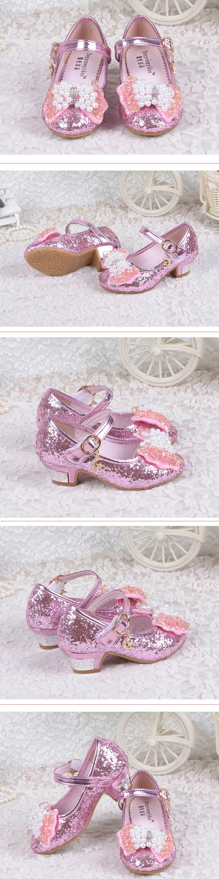 Серебристые туфли на высоком каблуке для детей Новые Девушки Принцесса обувь От 3 до 12 лет дети жемчуг лук галстук блесток Обувь для танцев розовый синий золото
