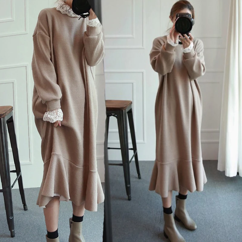lace patchwork solid color ruffles hem long sleeve Mermaid dress mori girl 2018 autumn | Женская одежда