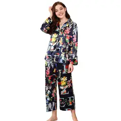 Для женщин пикантные эмуляции Шелковый белье с длинным рукавом пижамы Femme печати спокойной наборы v-образным вырезом ночное белье подруга