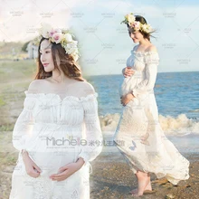 Pregnant Photography Props Photo Shoot Beautiful White Lace Maternity Shoulderless Dress Studio Fancy Elegant Baby Shower