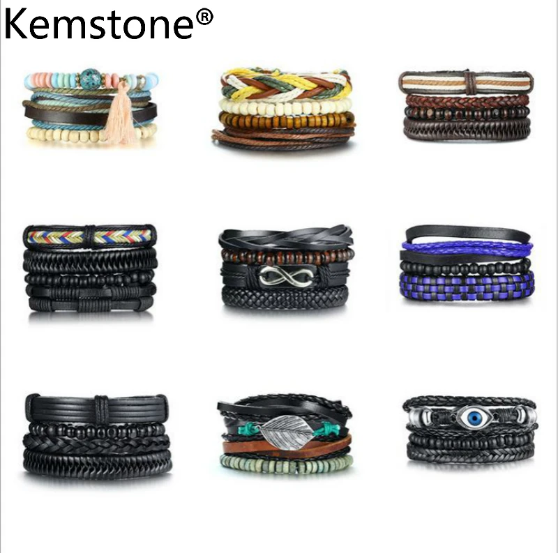 

Kemstone Bohemian Wooden Beads Elastic Rope PU Alloy Multicolor Multi-layer Wrap Bracelet Jewelry Gifts For Men Women