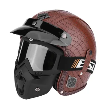 

Motor Helmets Motorcycle Chopper Bike Helmet Open Face Vintage Motorcycle Helmet with Goggle Mask 3/4 PU Leather