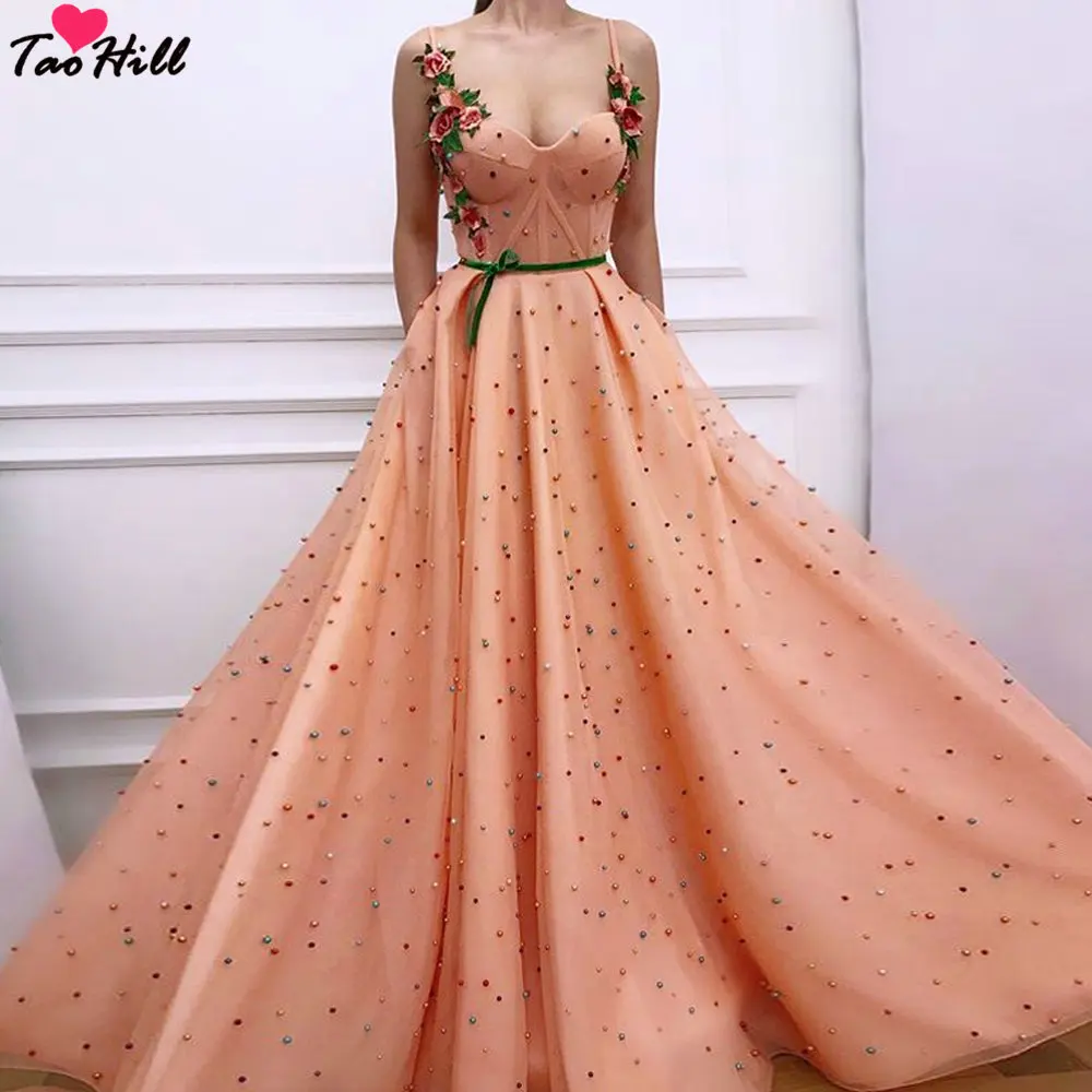 

TaoHill Evening Dresses for Girls A-line Spaghetti Sweetheart Sexy Applique Orange Pearls Dress Long with Sash