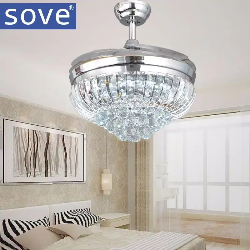42 Inch Chrome Modern Led Crystal Ceiling Fans With Lights Remote Control Living Room Bedroom Home Folding Fan Lamp 220 Volt