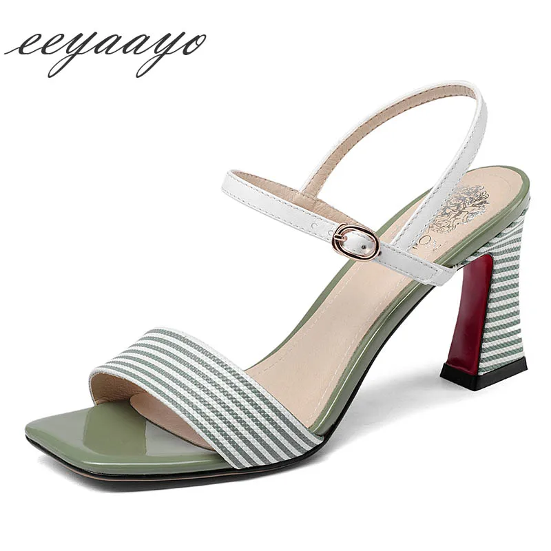 

2019 New Summer Genuine Leather Women Sandals High Heel Peep Toe Striped Sexy Ladies Women Cow Leather Shoes Green High Heels