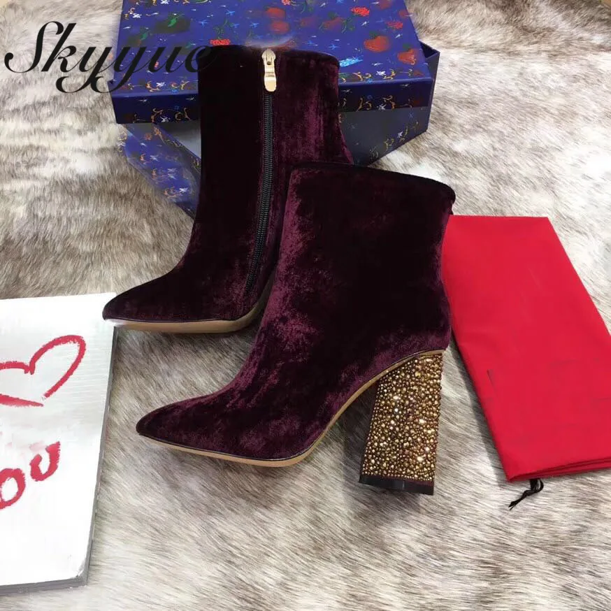

SKYYUE New Genuine Leather Crystal Jewel Chunky Heel Boots Sexy Pointed Toe Zip Side Autumn Winter Boots Ankle Boots