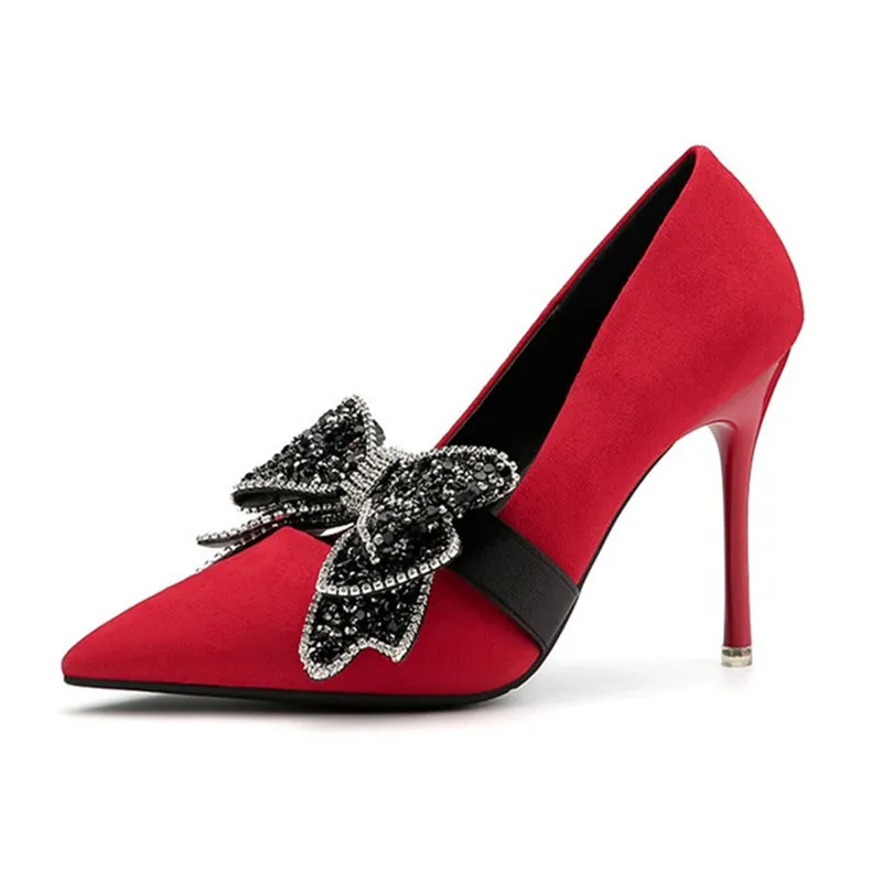 Bowtie Mode Party Talons Femmes Club Automne De Printemps Pompes gris Luxe Strass Chaussures Noir Mariage Nouveau Affluent 2018 marron Feiyitu Hauts rouge ET0wnqa47Z