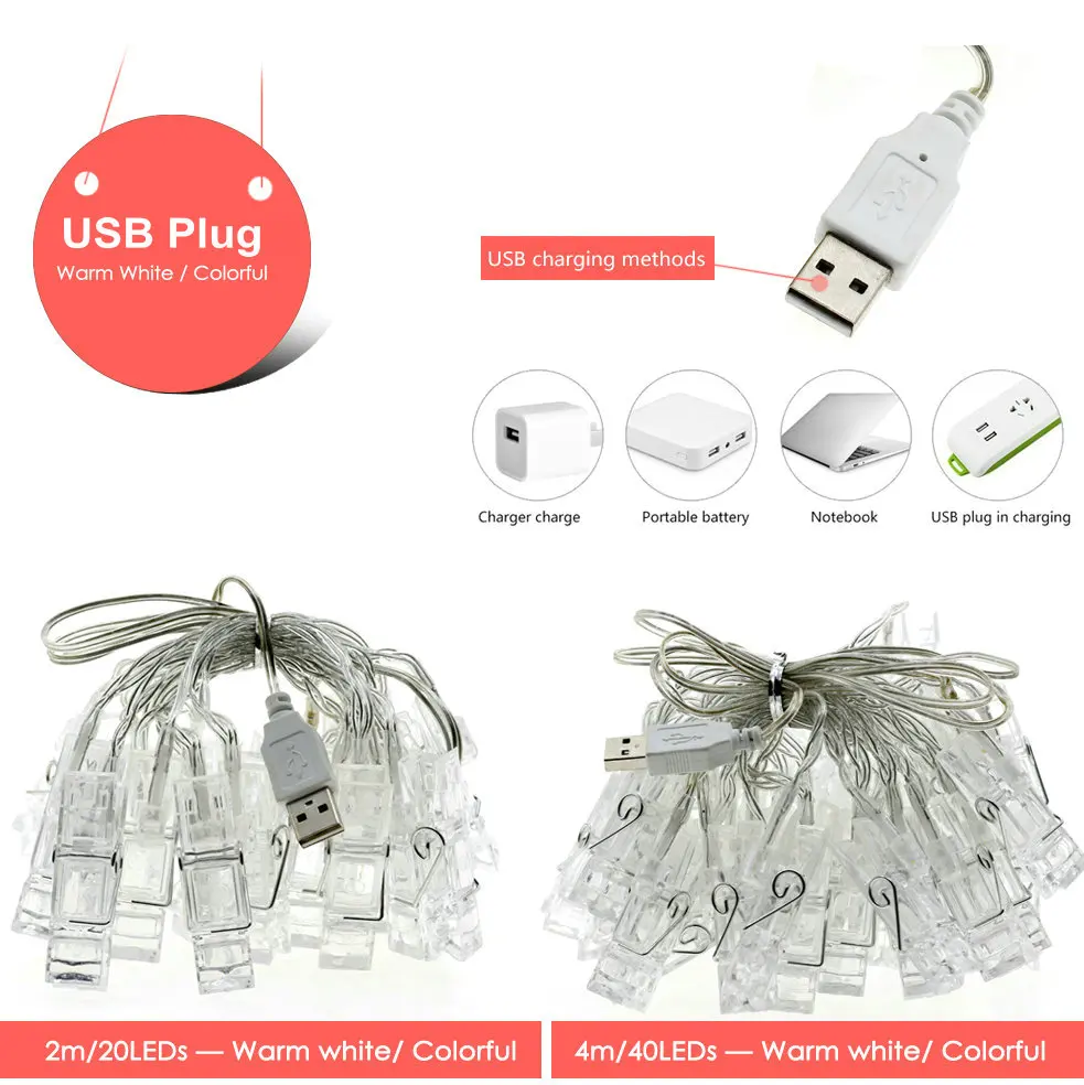 1 м/2 м/4 м зажим для фото USB светодиодный гирлянды на батарейках для рождества, Нового года, вечерние, свадебные украшения для дома, сказочные огни