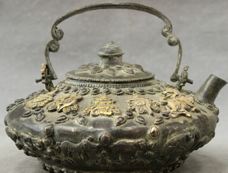 

JP S0610 Chinese Bronze Copper 8 Auspicious Symbol Statue 12 Year Zodiac Wine Pot Teapot B0403