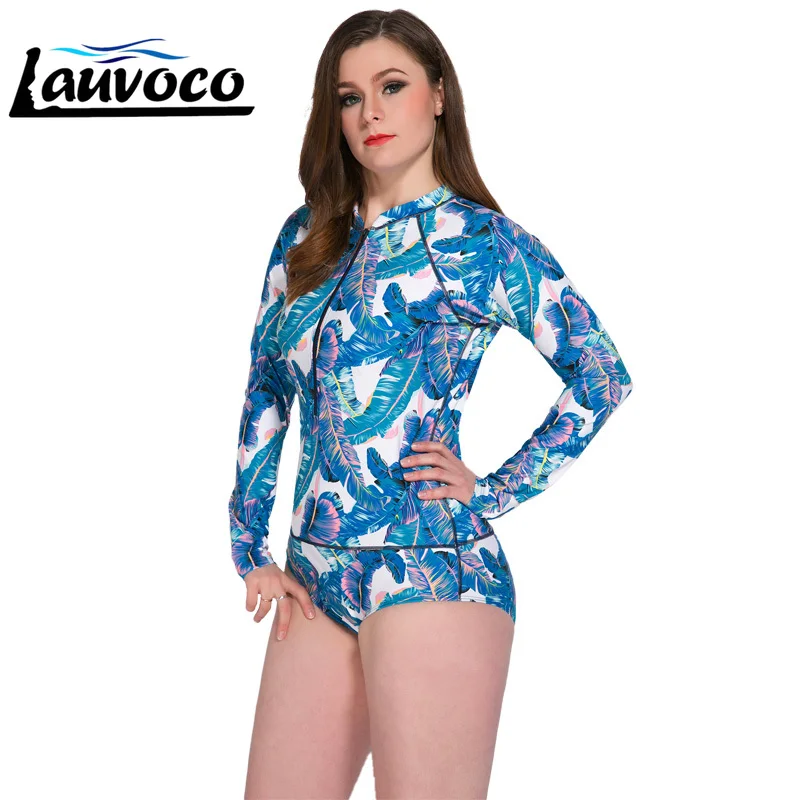 زائد حجم النساء ملابس السباحة قطعة واحدة سستة طويلة الأكمام ارتداءها طباعة ملابس السباحة كبيرة الصدر تصفح Rashguard السيدات لباس سباحة