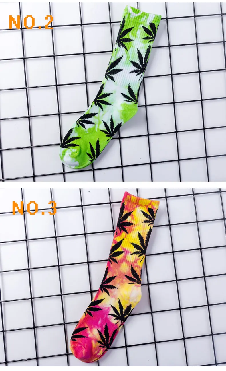 High-quality Tie-dyed Maple Leaf Socks Long Fashion Weed Socks Men Skateboard Hiphop Socks Meias Women Couple Cotton Socks 1Pair