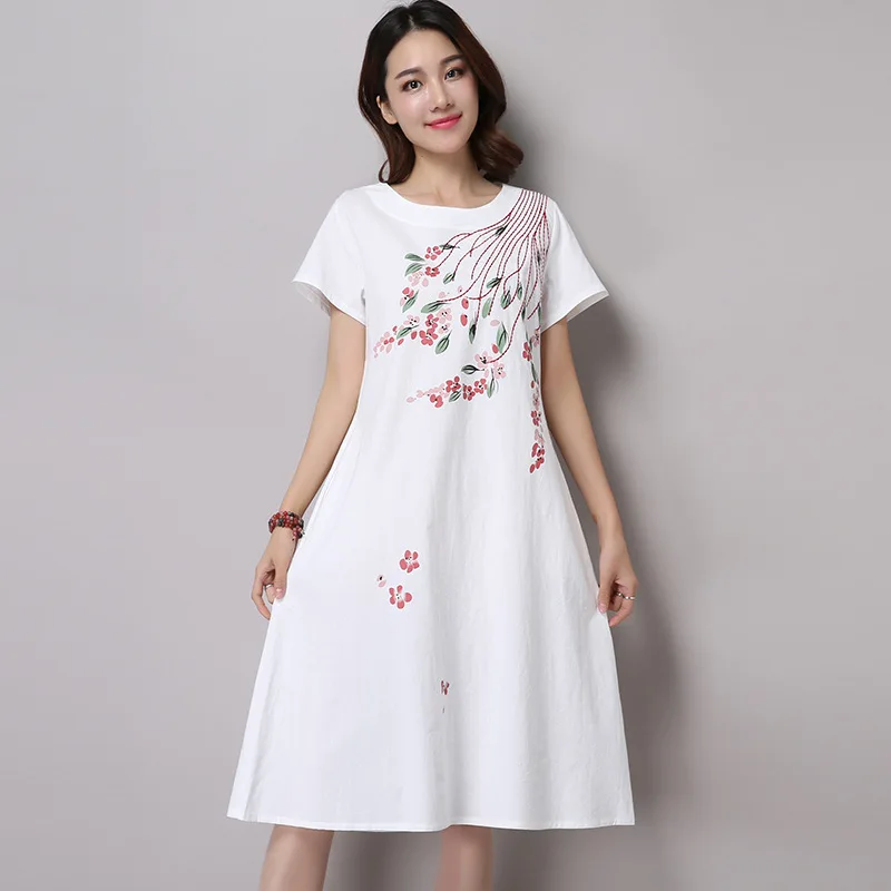 4 Colors White Linen Dress Vintage Summer Dress O neck Short Sleeve ...