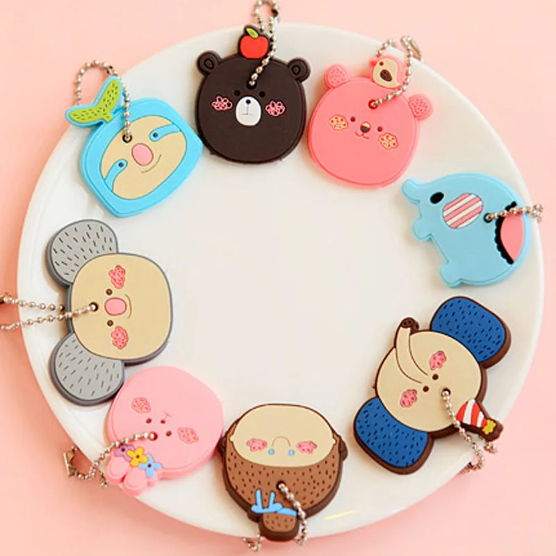 

2pcs/lot Korean Style Cute Animals Women Keychain Holder Ring Rome Candy Color Key Set of Silicone Button Key Chain Girl Jewlery