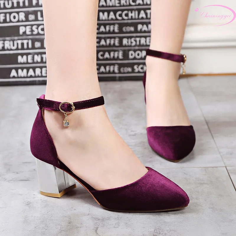 

Chinese party style sexy pointed toe flock summer sandals buckle blue purple black brown high-heeled chunky women's shoes