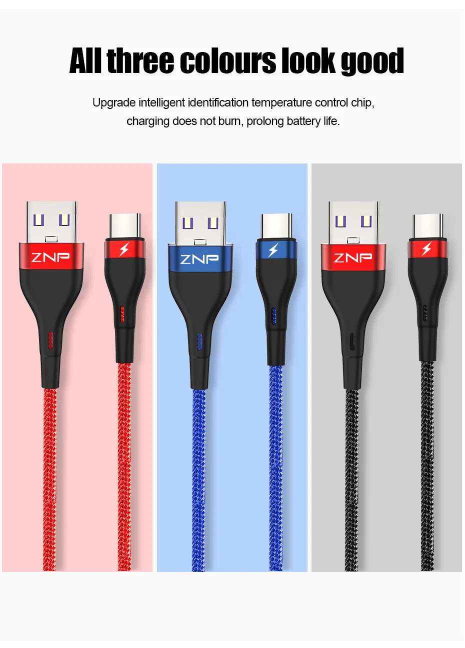 ZNP usb type-C кабель для samsung S10 S9 S8 A50 Xiaomi Redmi Note 7 Быстрая зарядка USB-C зарядное устройство для мобильного телефона USBC type-C кабель