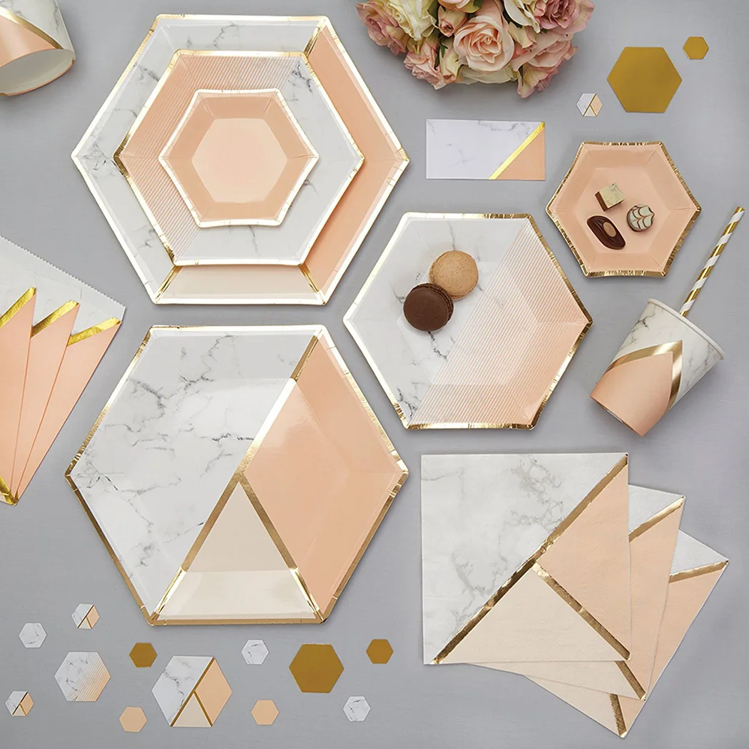 Новый шестиугольный нерегулярные пластины набор для вечеринки, дня рождения Одноразовая посуда бумага тарелка блюдо зеленый розовый