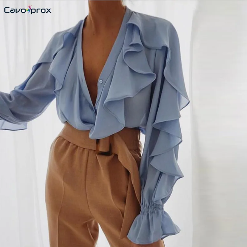 

Women Long Sleeve Ruffles Design Blouse Casual Chiffon Solid V-Neck Loose Streewear Korean Top Fashion Trends Shirts
