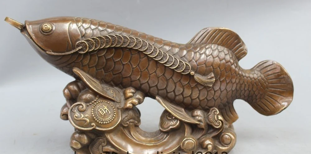 

16" Chinese Bronze Animal Fish Goldfish barracuda Money Wealth Ru Yi Statue
