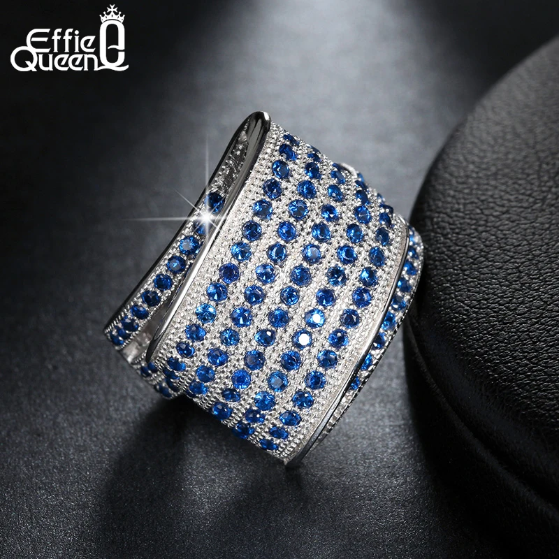 

Effie Queen Unique Design Blue Cubic Zircon Pave Setting Finger Ring Engagement Wedding Party Women Fashion Rings Jewelry DR91
