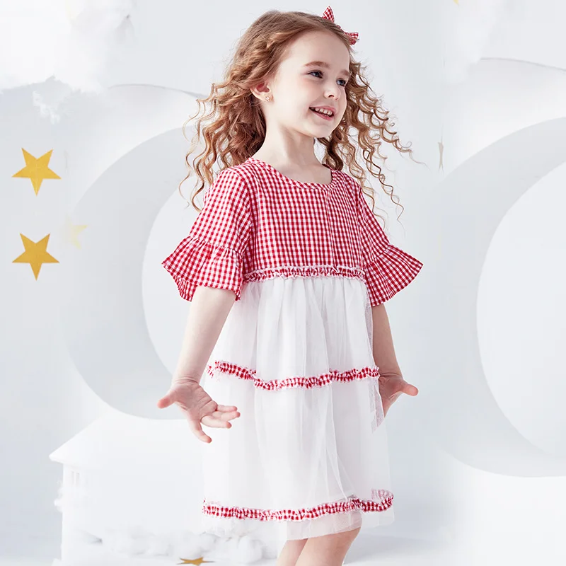 

2019 Summer New style Fluffy Hem Princess Dress Fungus Lace Mesh Plaid Girls Dress