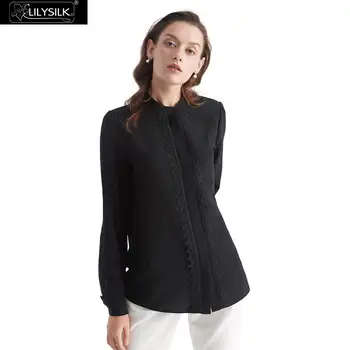 

LilySilk Silk Blouse Stand Collar Lace-Trim Ladies New Free Shipping